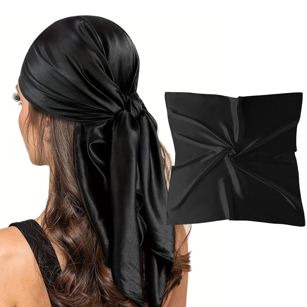 Black Silk Feeling Scarf, 35'' Square Retro Soild color Satin Headband